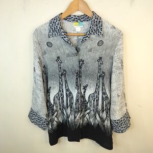 SeaSuns Button Up Shirt Womens Large Giraffe Animal Print Vintage Safari Gray
